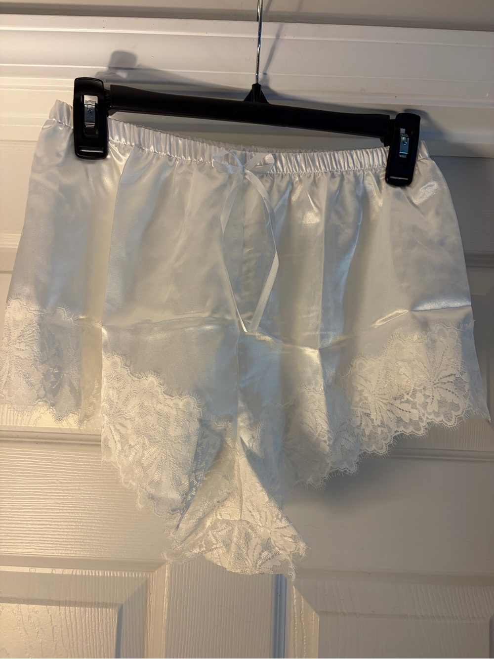 White Satin Lace Sleep Shorts with Elastic Waistband